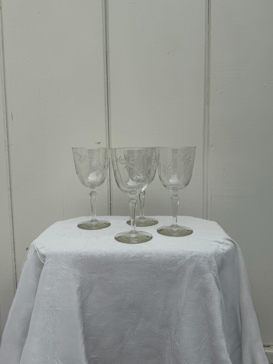 Set of 4 Vintage Etched Wine Glasses